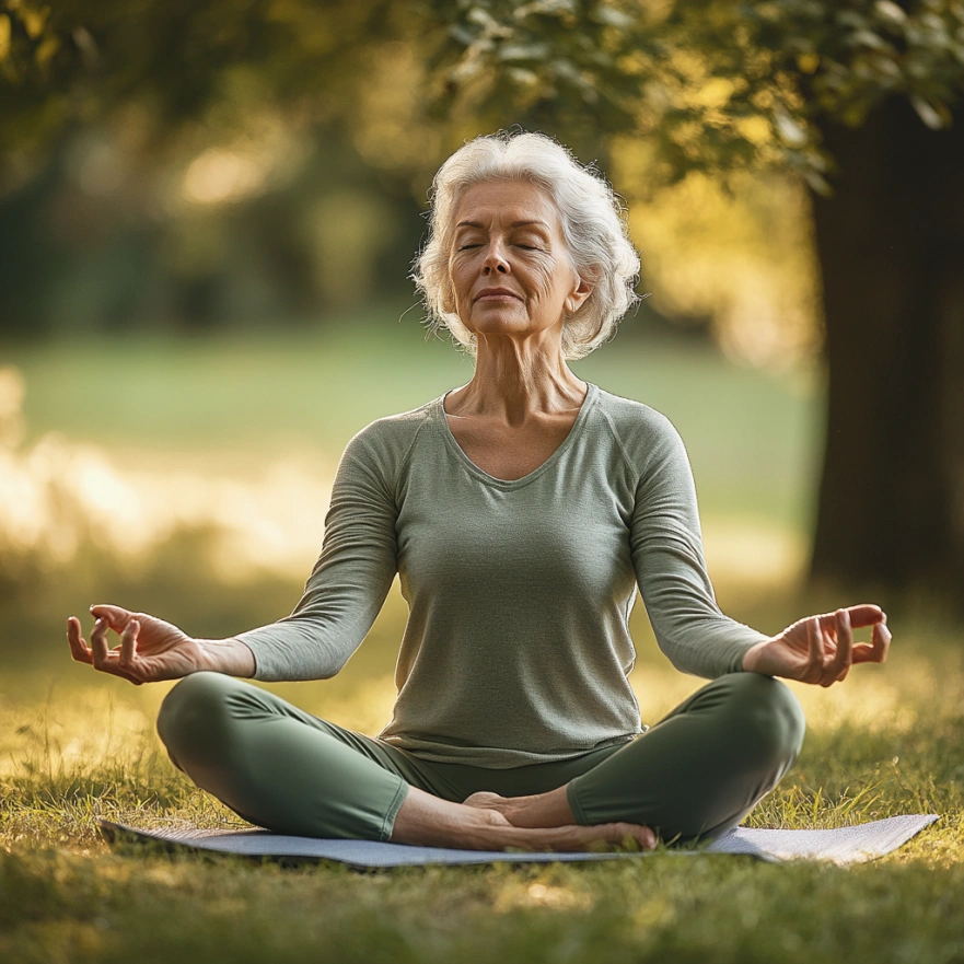 Літня жінка практикує йогу в парку